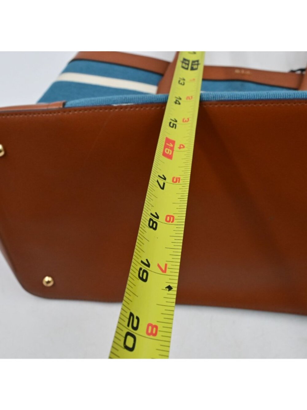 Lauren Ralph Lauren Fairfield City Striped Canvas Tote Bag Tan Leather Trim - Picture 16 of 16